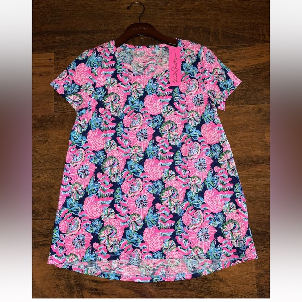 Lilly Pulitzer Large Navy Shroom With A View ETTA SCOOP NECK TEE 💯 Cotton NWOT